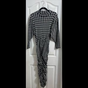 Zara Rushed Long Sleeve Houndstooth Dress